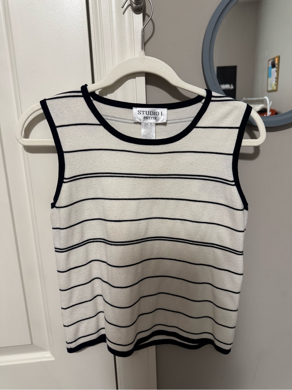 Studio I Petite Striped Knit Shell - White & Navy